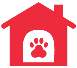 red house with pawprint -representing pet sitting and house sitting services 